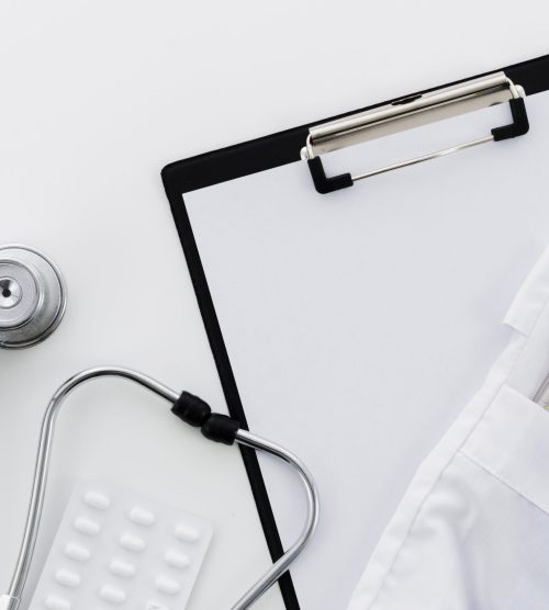 stethoscope-pills-clipboard-thermometer-blue-gloves-pocket-white-background stethoscope-pills-clipboard-thermometer-blue-gloves-pocket-white-background